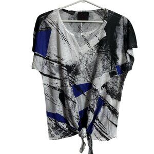 NEW French Blue Blouse Belly Tie White Black Dress Shirt Short Slv Top USA Large